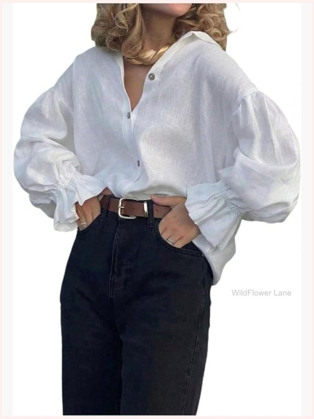 Women's Business Casual Button Up Blouse Flounce Lantern Sleeve Work Shirt Top